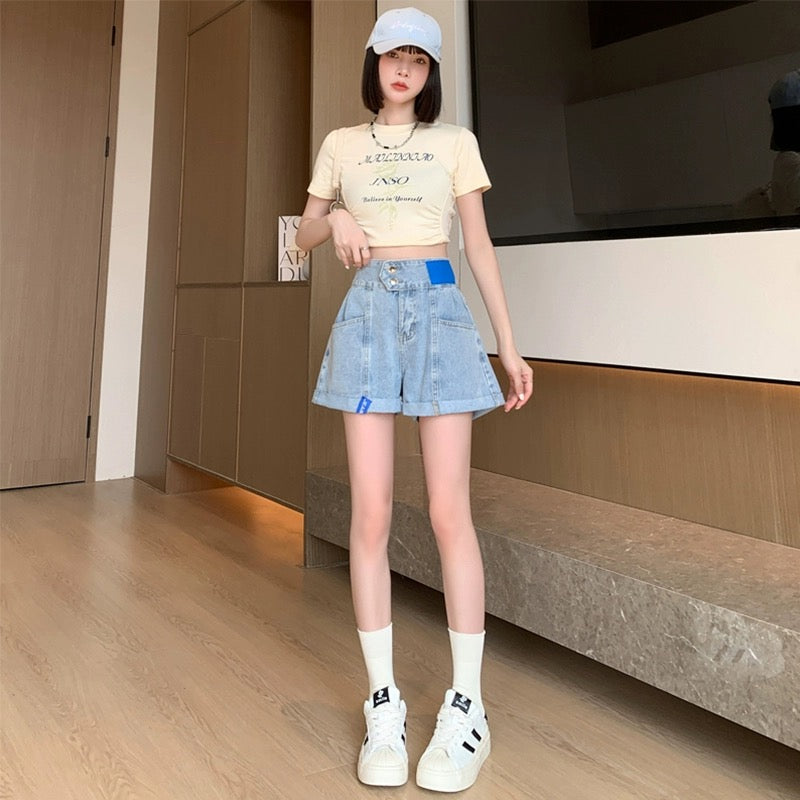 Konggeins Light Blue Wide Leg Shorts Casual Jeans