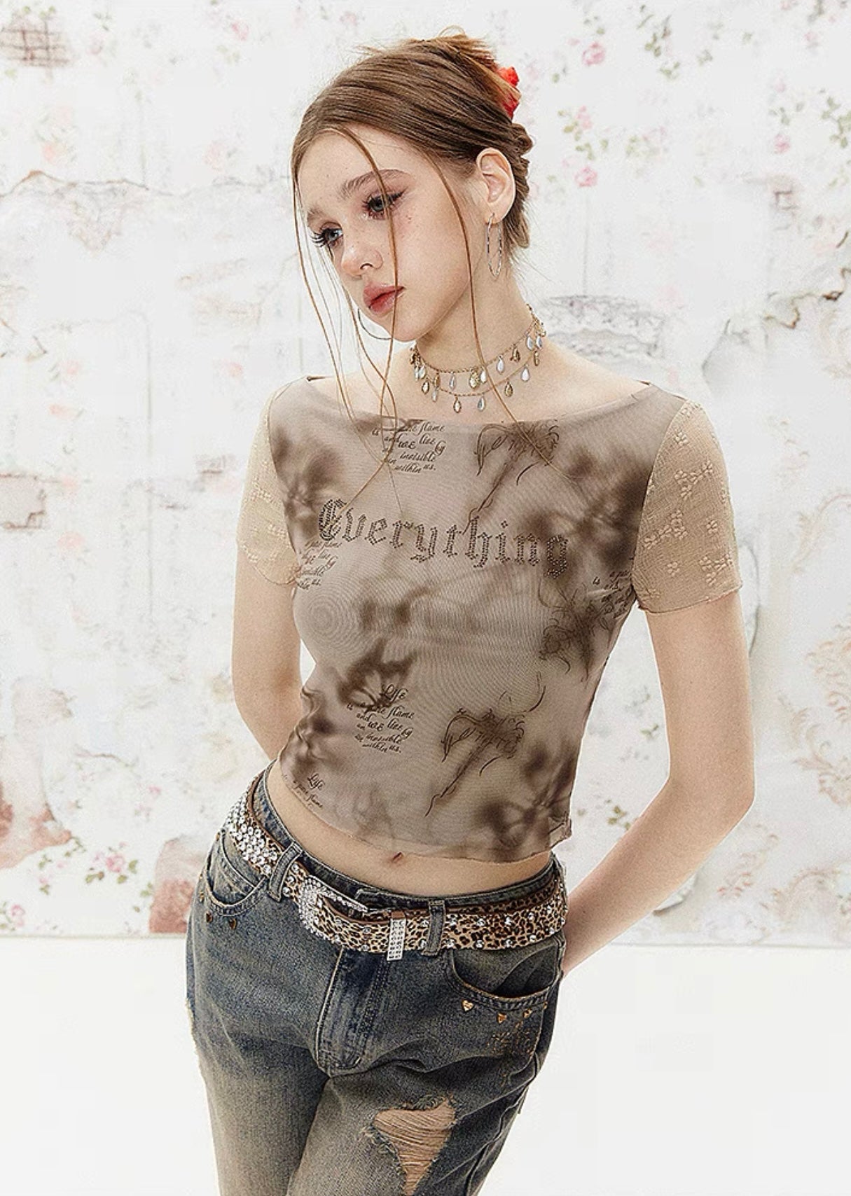 I'M ONE American retro lace splicing mesh faux two piece t-shirt
