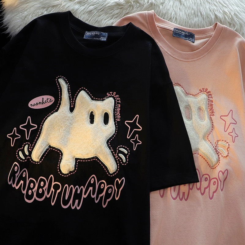 Konggeins Korean cat embroidery short sleeve T-shirt