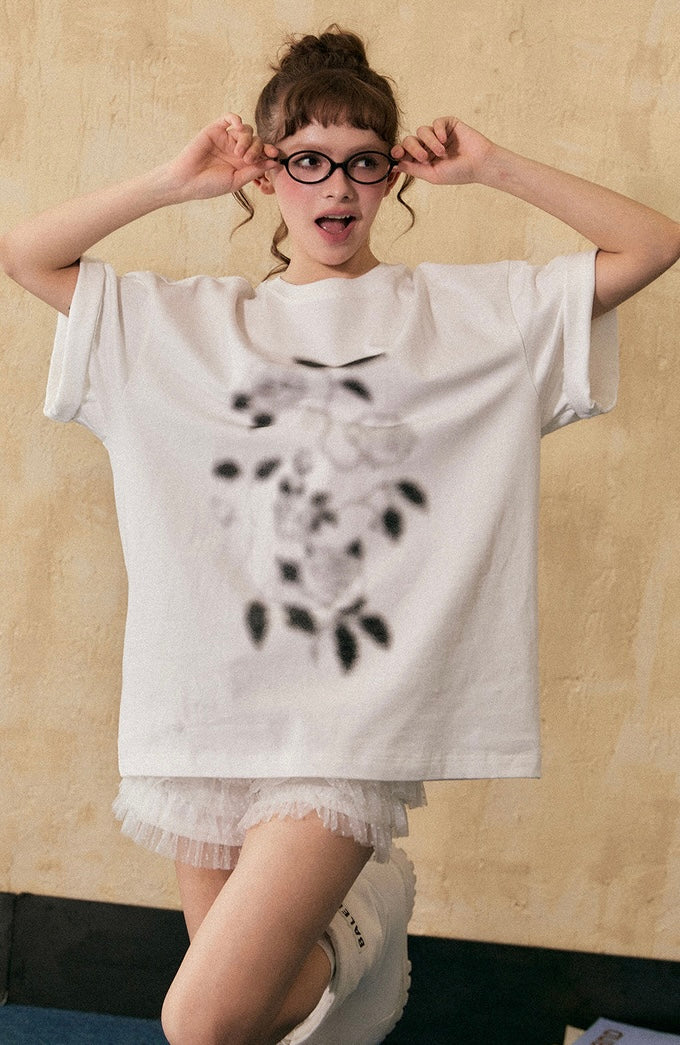 EZEK&STUDIO Hazy rose print short sleeve T-shirt