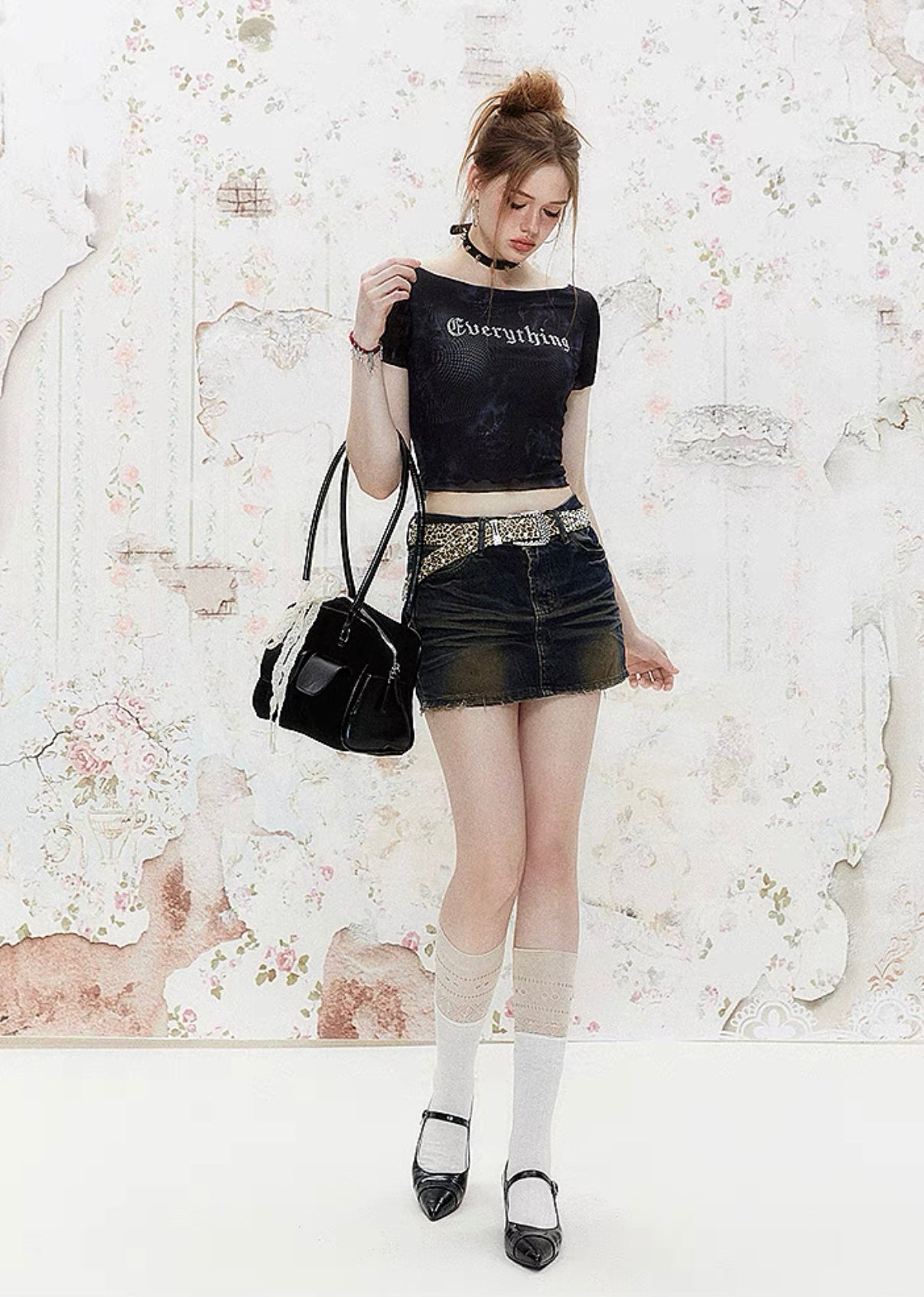 I'M ONE American retro lace splicing mesh faux two piece t-shirt
