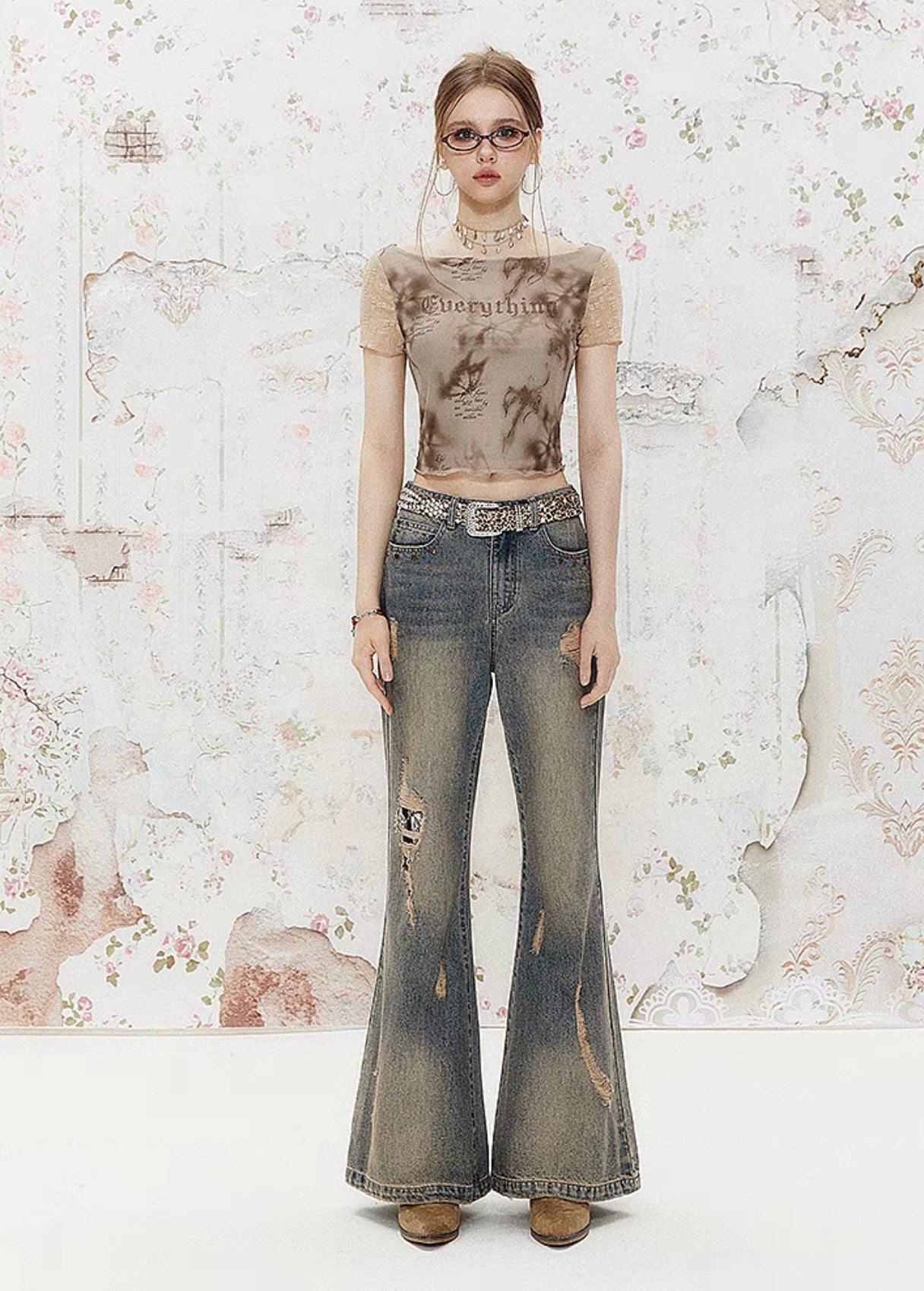 I'M ONE American retro lace splicing mesh faux two piece t-shirt