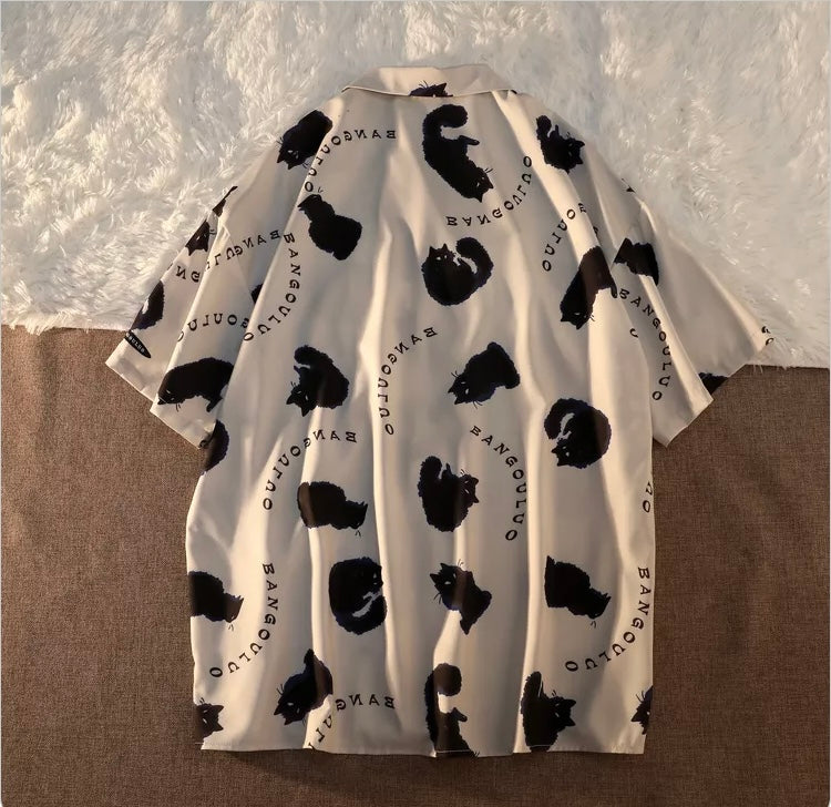 Konggeins American retro cat print short sleeve shirt