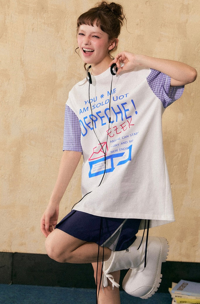 EZEK&STUDIO Plaid Splicing Short Sleeve T-Shirt