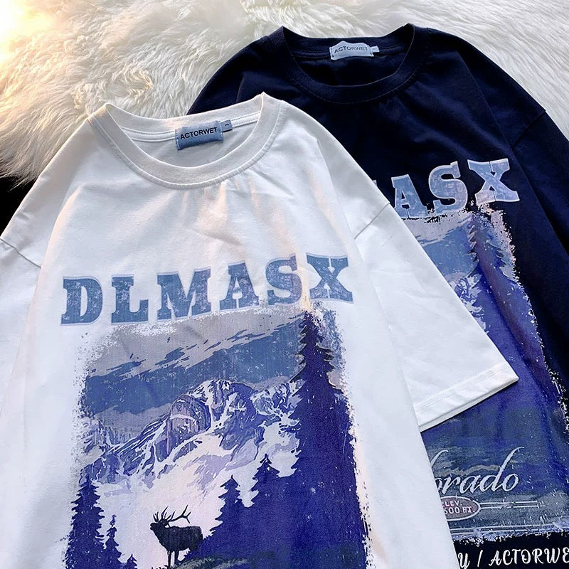 Konggeins American Retro Glacier Print Short Sleeve T-Shirt