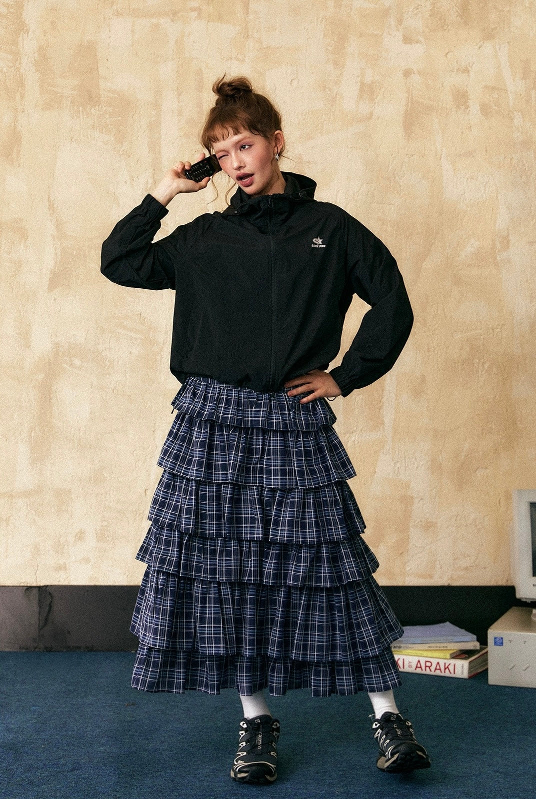 EZEK&STUDIO Blue plaid casual long skirt