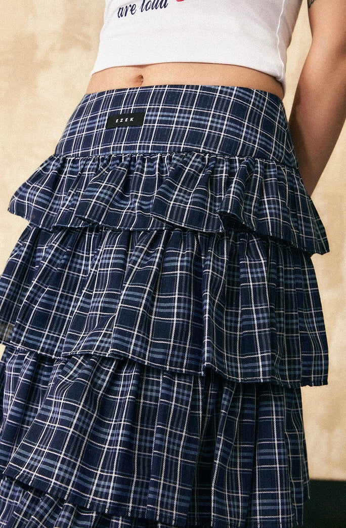 EZEK&STUDIO Blue plaid casual long skirt