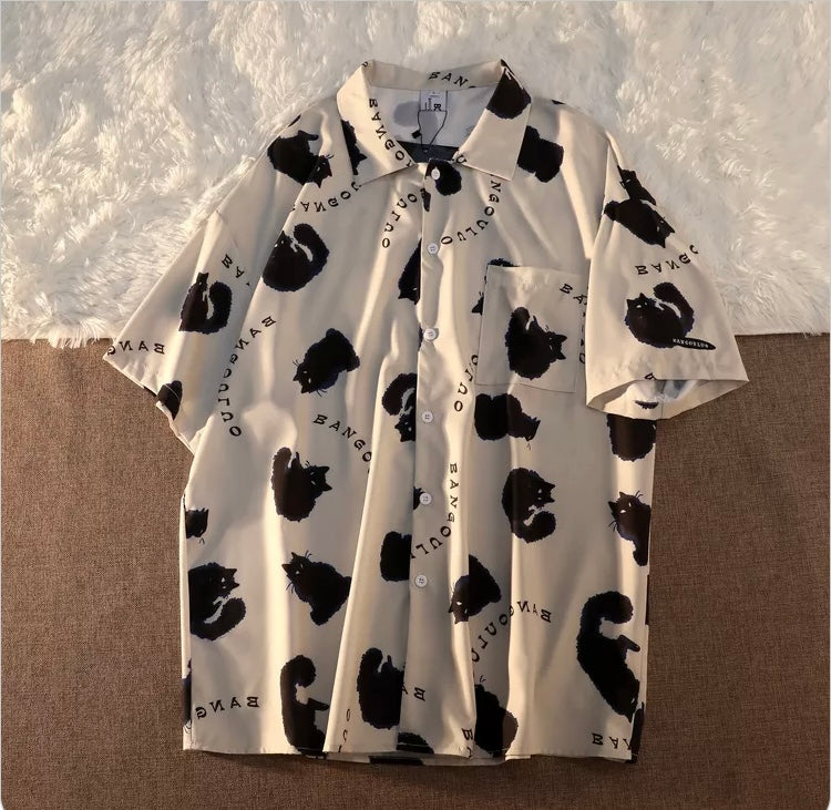 Konggeins American retro cat print short sleeve shirt