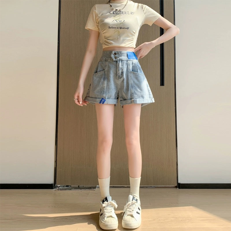Konggeins Light Blue Wide Leg Shorts Casual Jeans