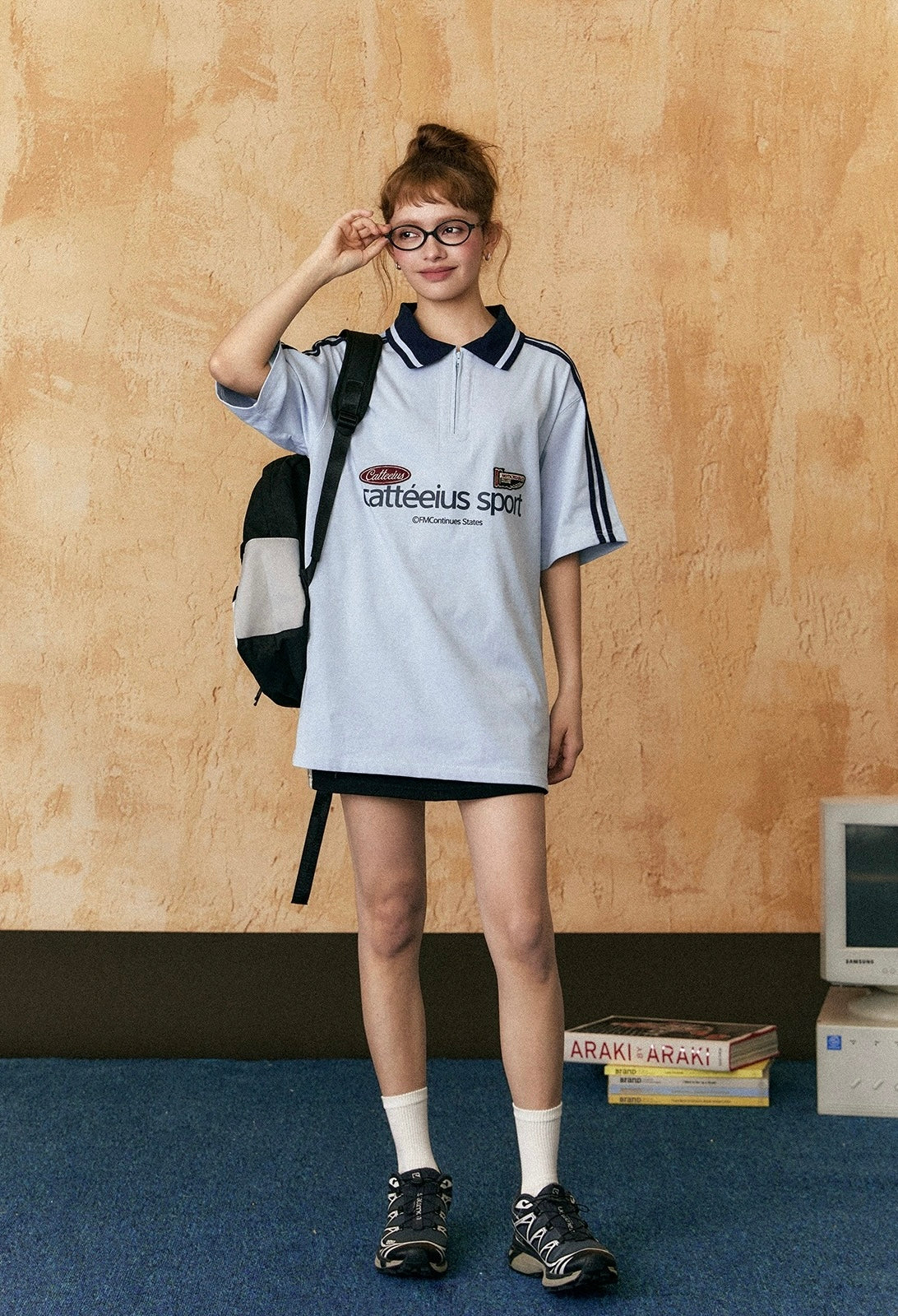 EZEK&STUDIO American retro striped half zip short sleeve polo shirt