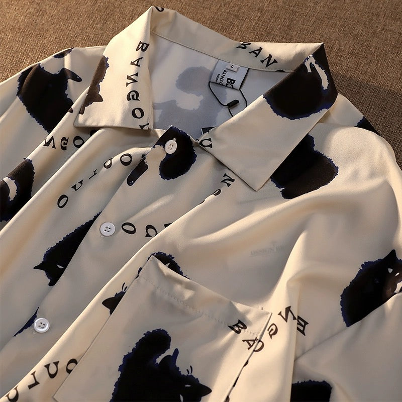 Konggeins American retro cat print short sleeve shirt