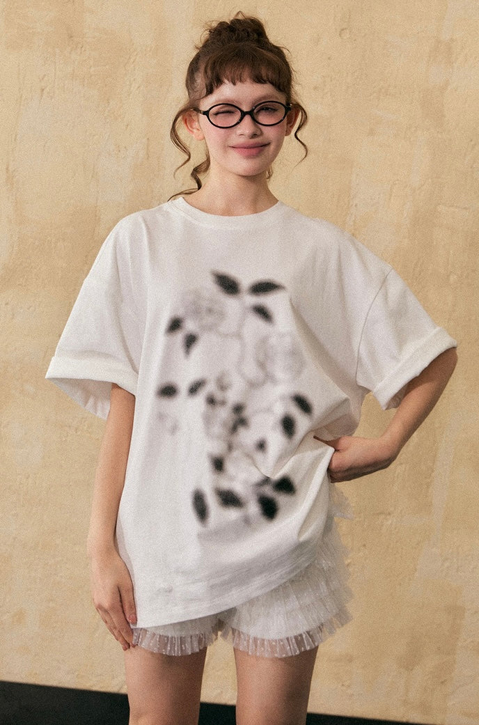 EZEK&STUDIO Hazy rose print short sleeve T-shirt