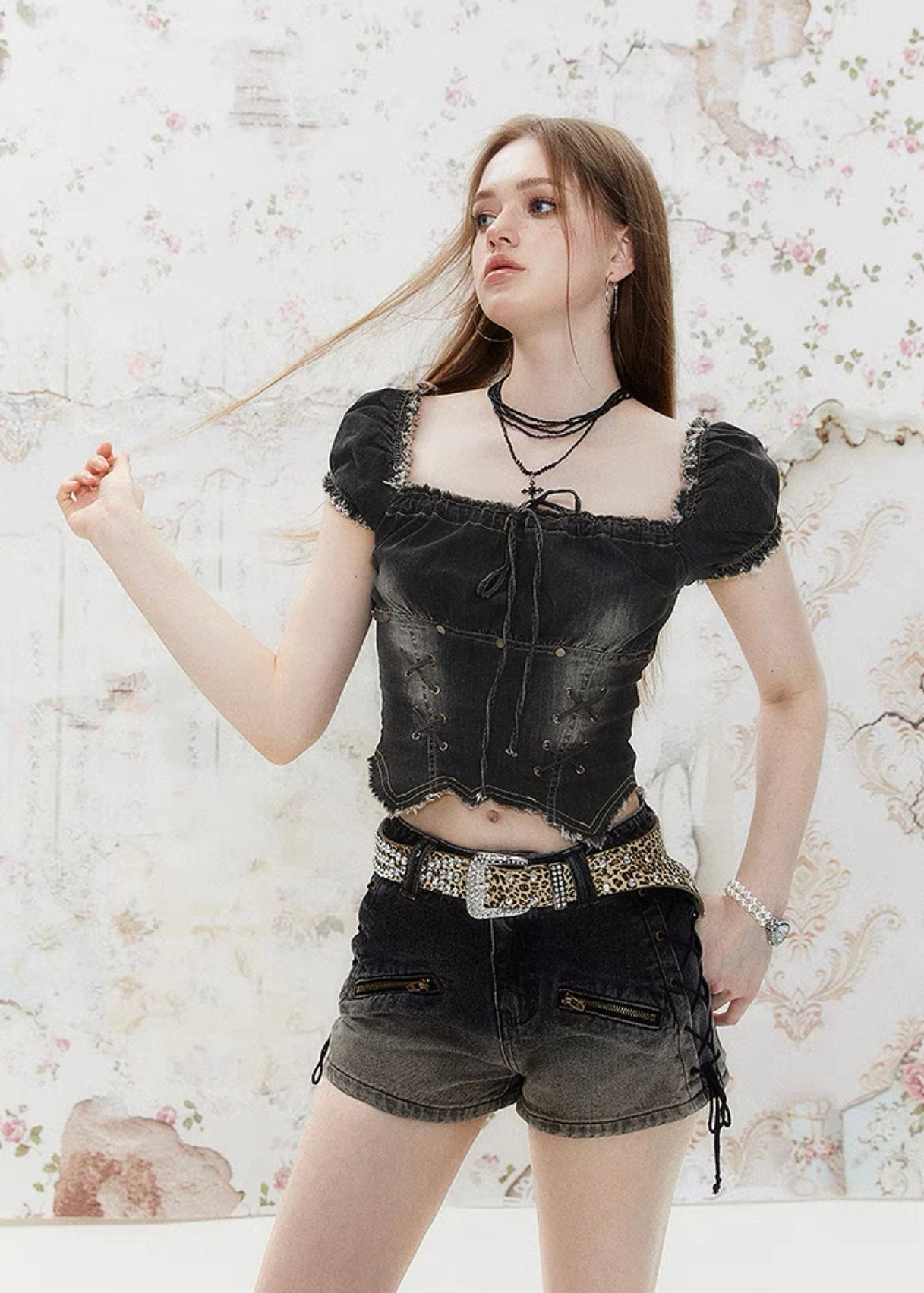 I'M ONE Sweet Cool Puff Sleeve Cross Strap Denim Top