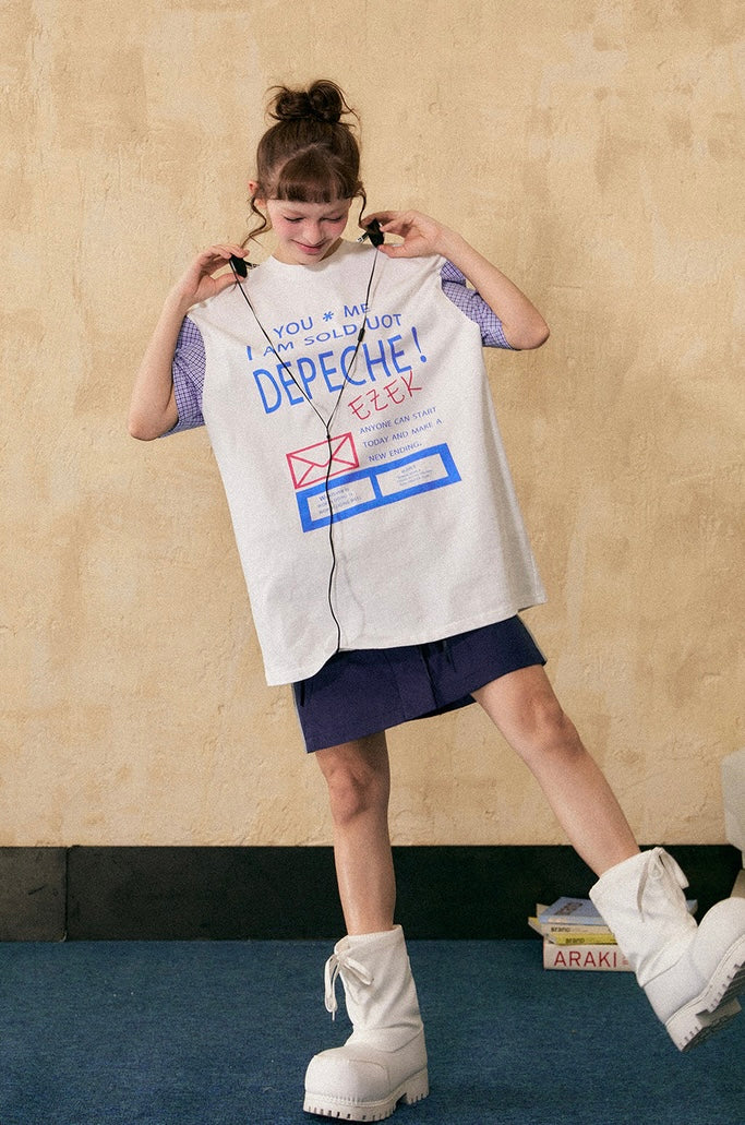 EZEK&STUDIO Plaid Splicing Short Sleeve T-Shirt