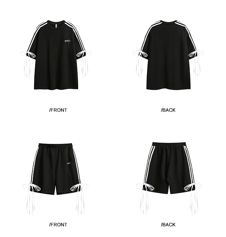 EZEK&STUDIO Casual Sports Ribbon Short Sleeve T-shirt Striped Shorts