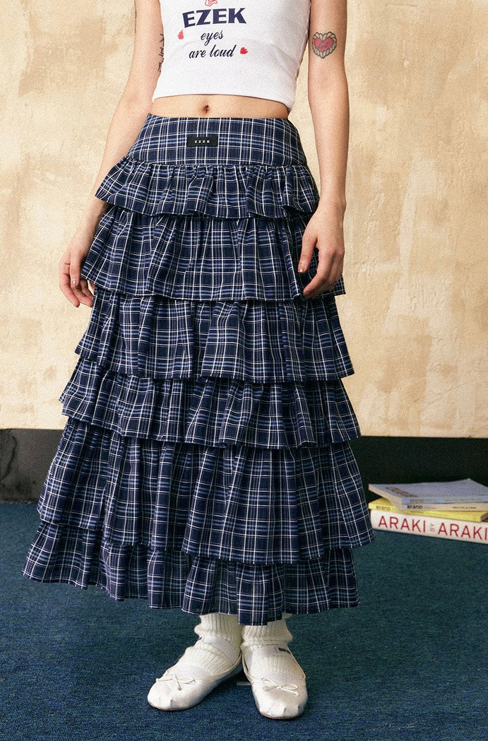 EZEK&STUDIO Blue plaid casual long skirt