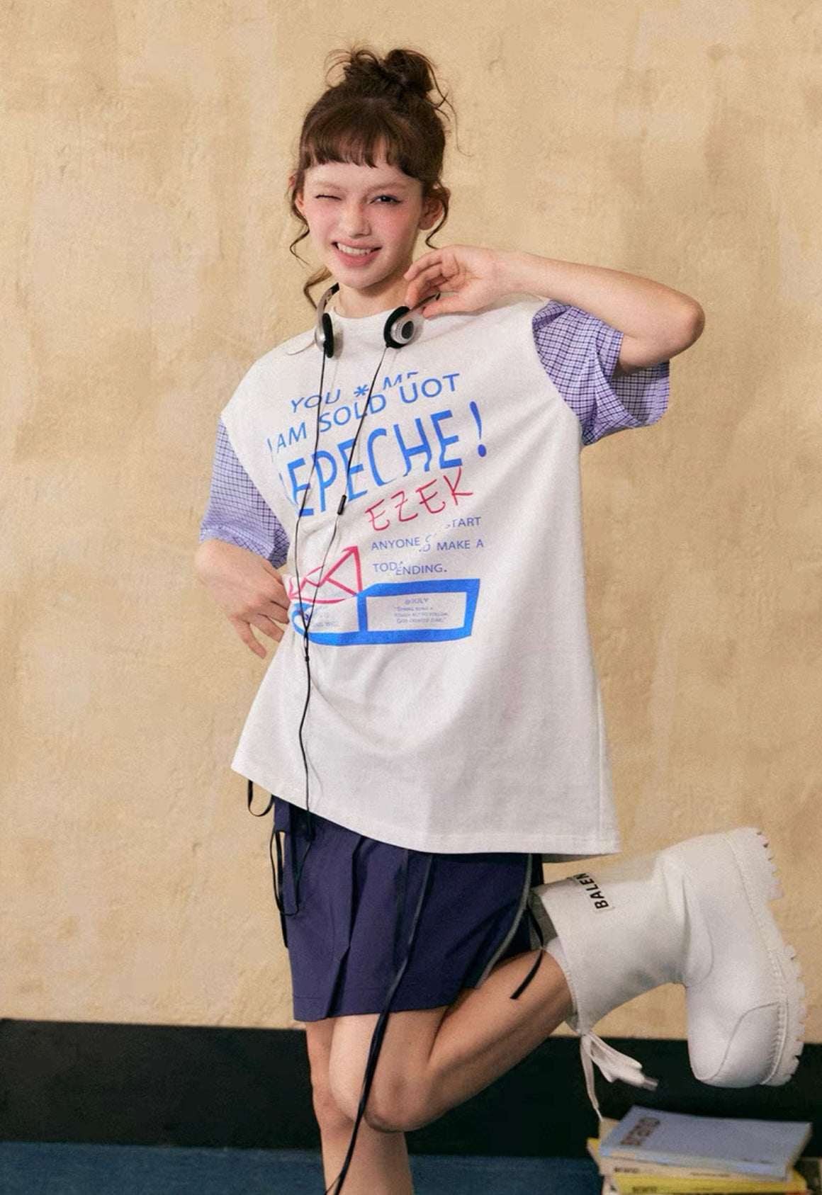 EZEK&STUDIO Plaid Splicing Short Sleeve T-Shirt