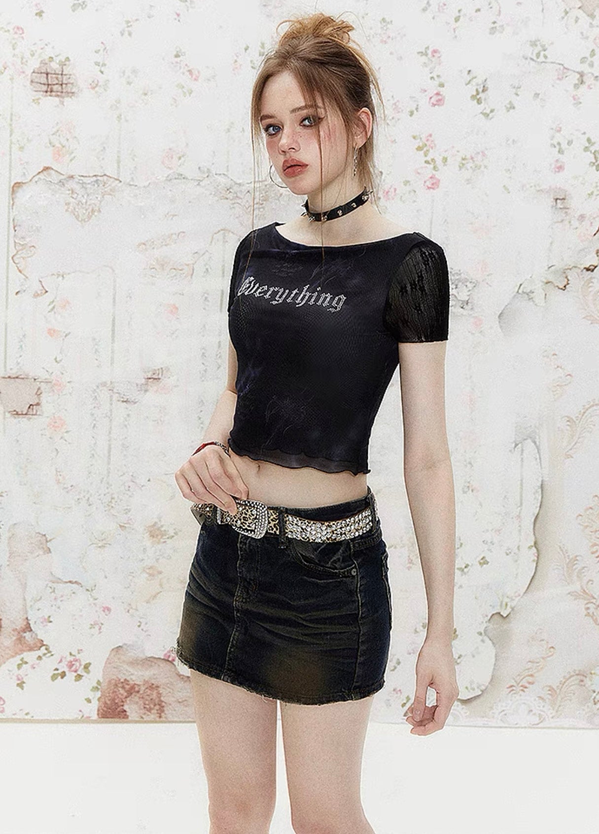 I'M ONE American retro lace splicing mesh faux two piece t-shirt