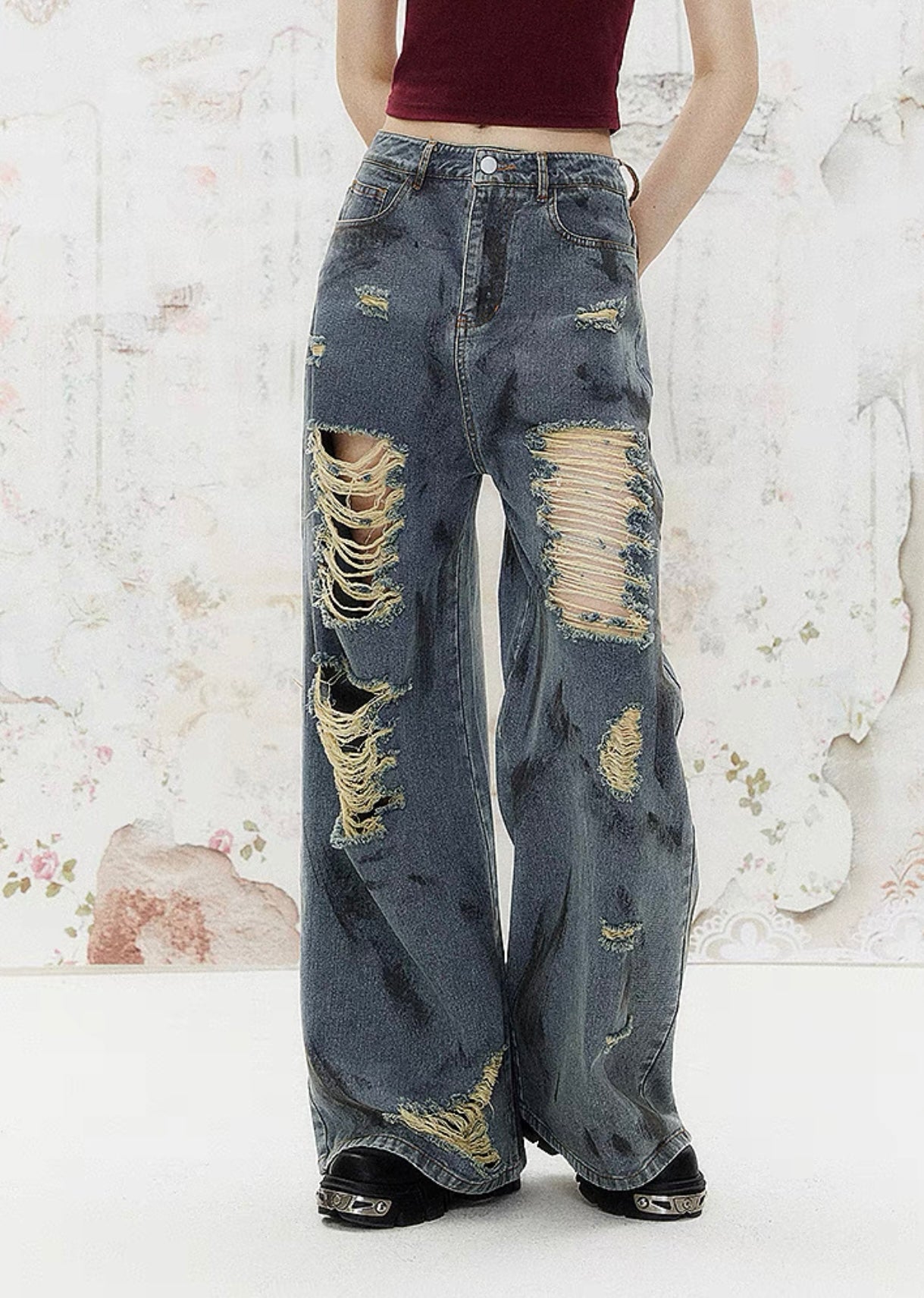I'M ONE Retro wash hole splash ink print jeans