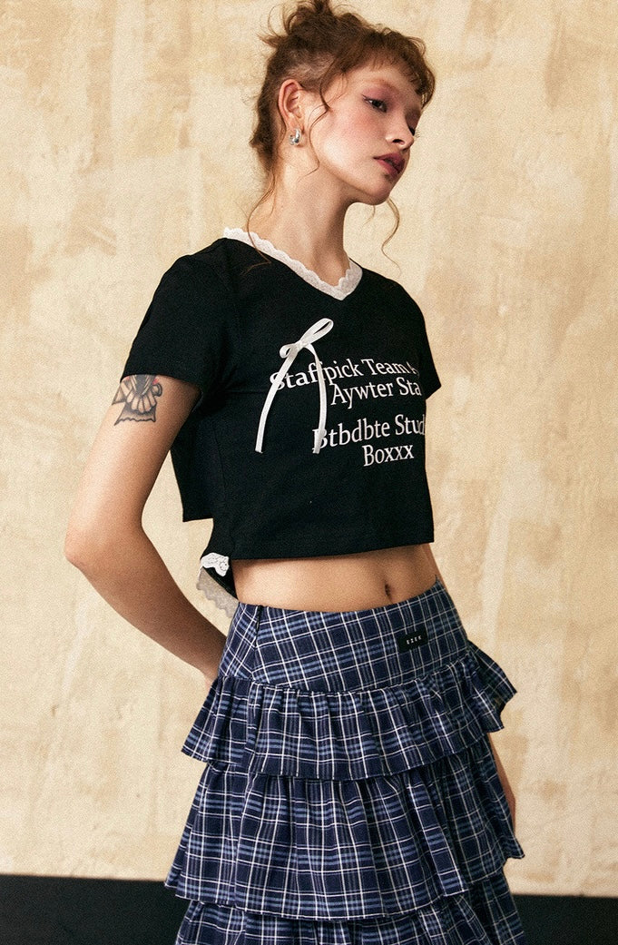 EZEK&STUDIO Ribbon lace short sleeve shoulder T-shirt