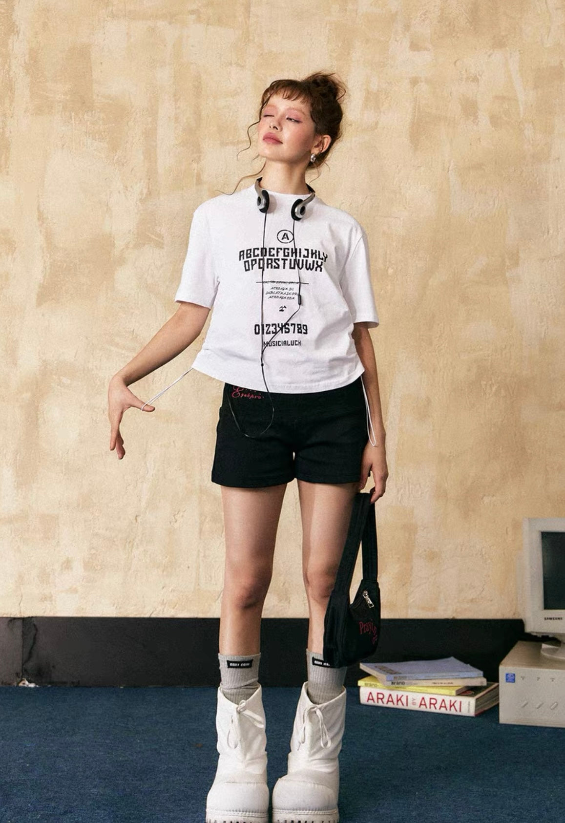 EZEK&STUDIO American Retro White Print Short Sleeve T-shirt