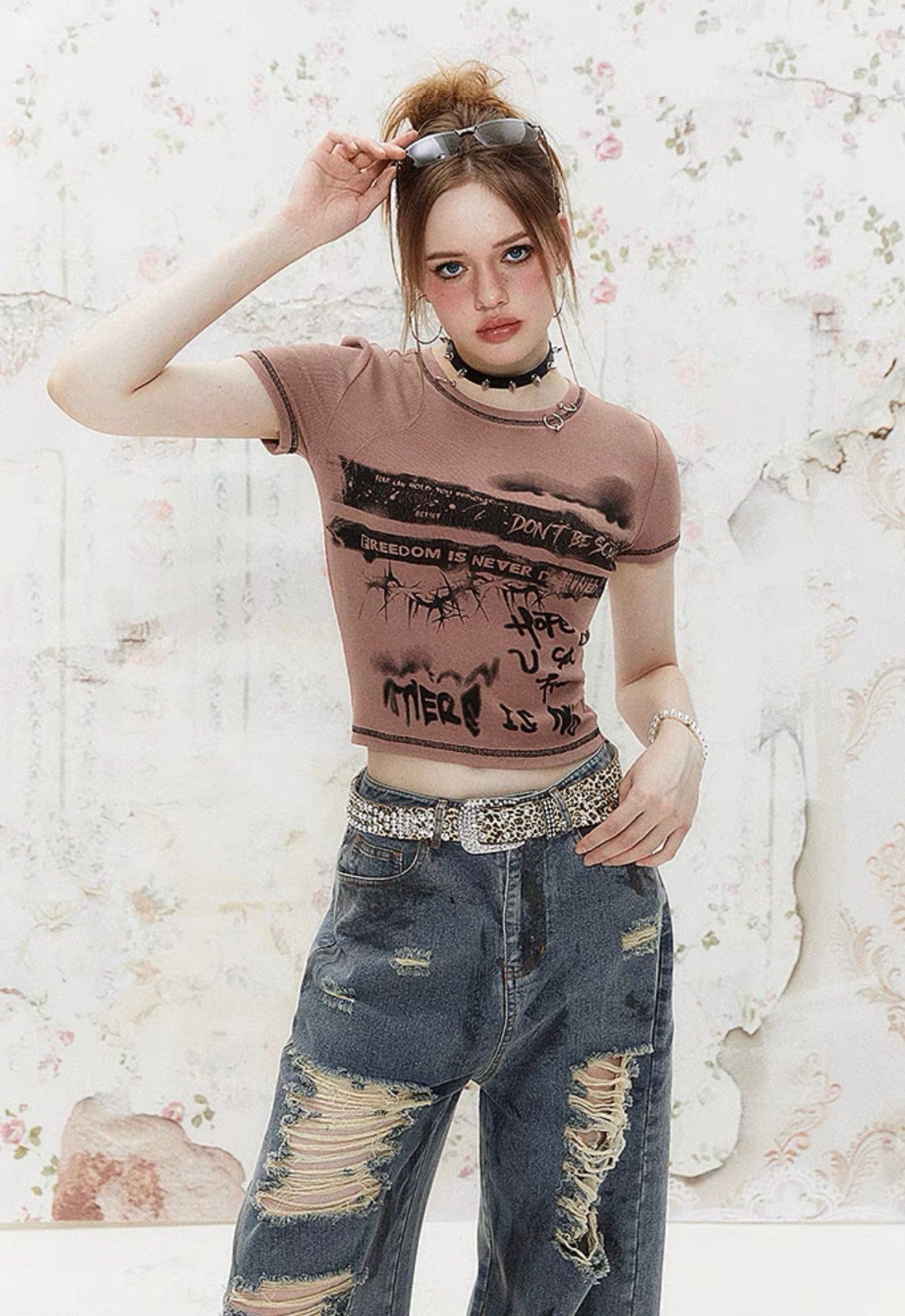 I'M ONE American Retro Graffiti Print Short Sleeve T-Shirt
