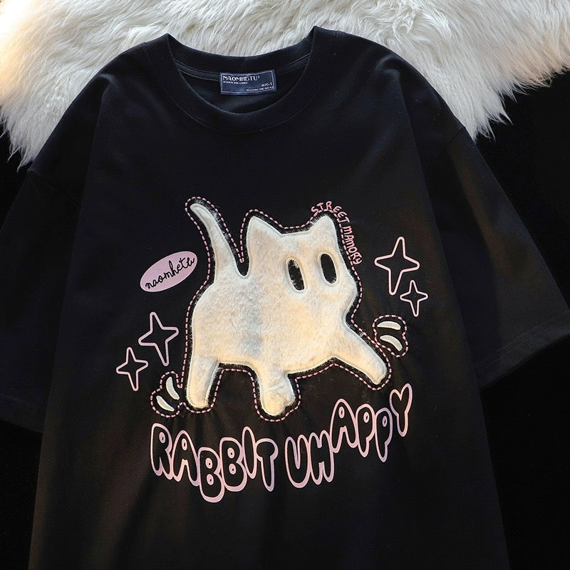 Konggeins Korean cat embroidery short sleeve T-shirt