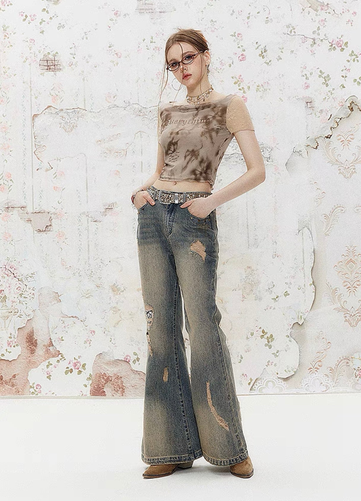 I'M ONE American retro lace splicing mesh faux two piece t-shirt