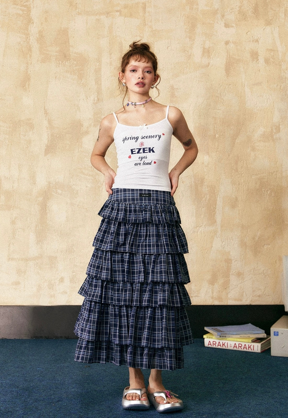 EZEK&STUDIO Blue plaid casual long skirt