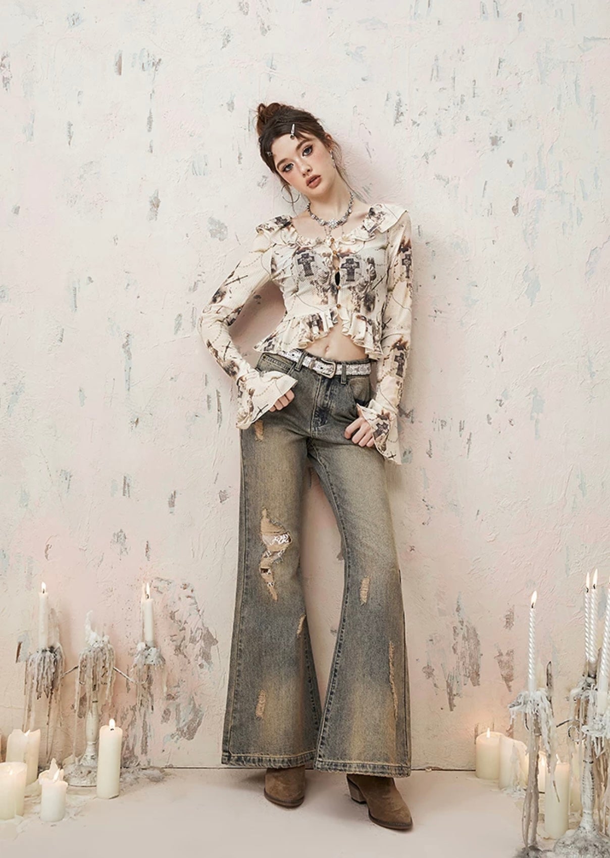 I'M ONE Retro Gothic Style Short Chiffon Shirt
