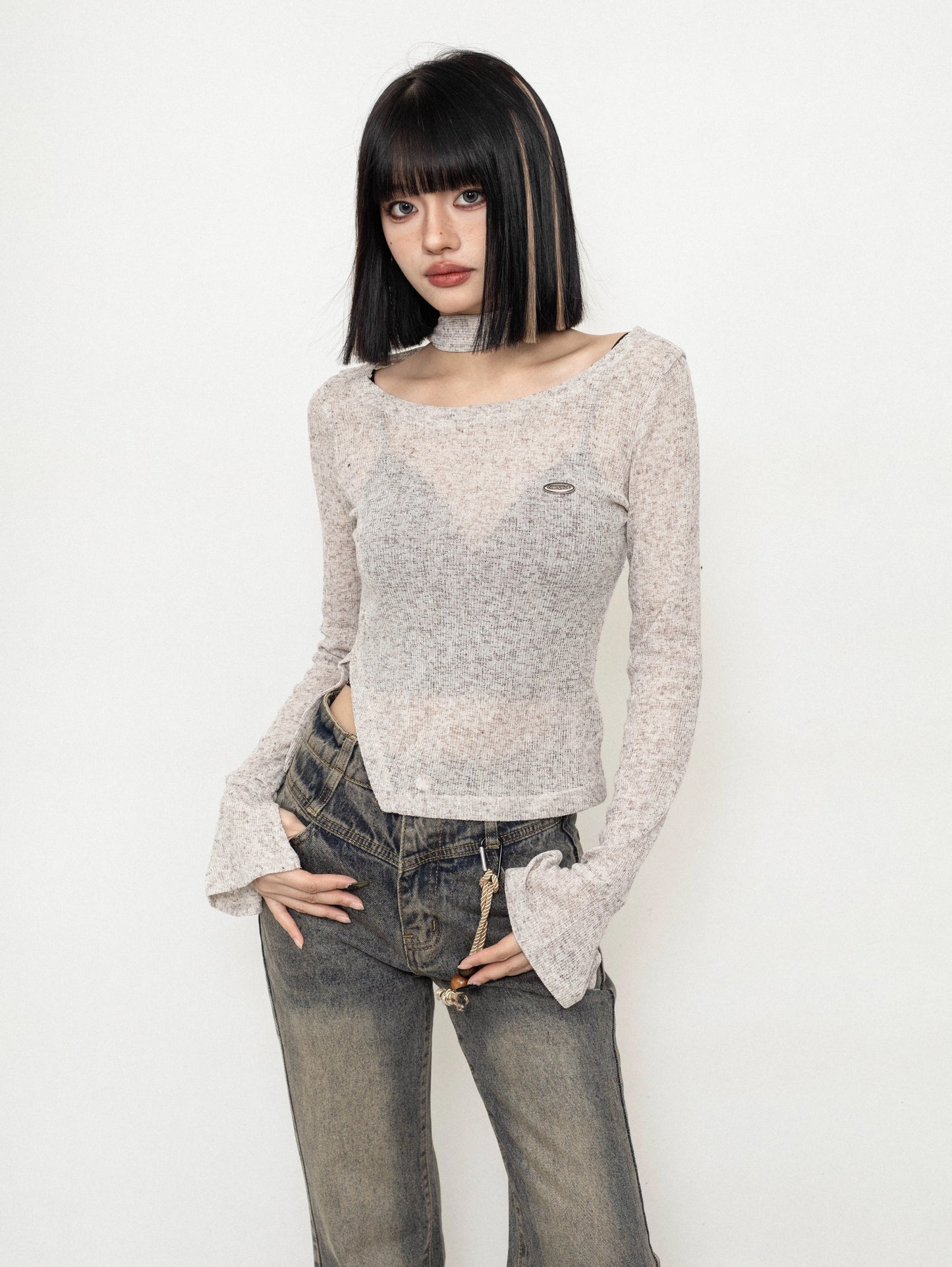 ZEROSTORE Tops Halter Neck Slim Waist Long Sleeve T-Shirt