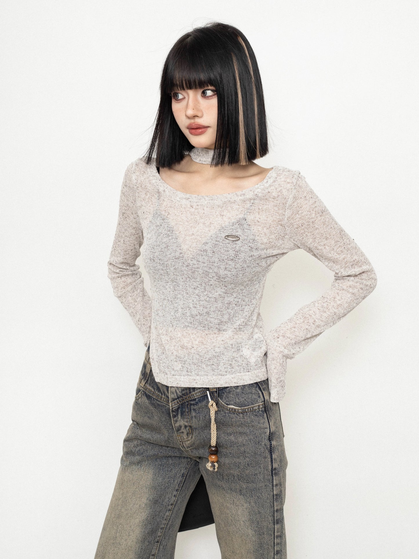 ZEROSTORE Tops Halter Neck Slim Waist Long Sleeve T-Shirt
