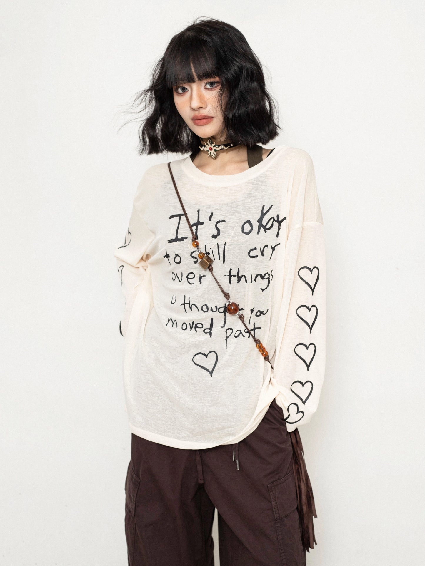 ZEROSTORE Mesh blouse top love graffiti knit