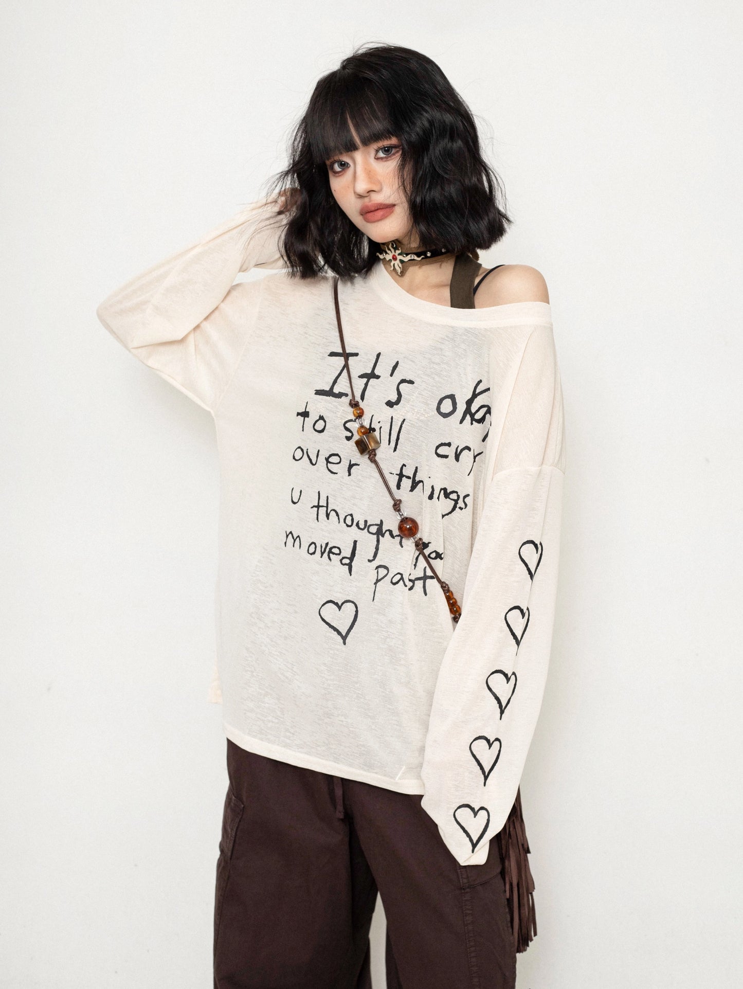 ZEROSTORE Mesh blouse top love graffiti knit