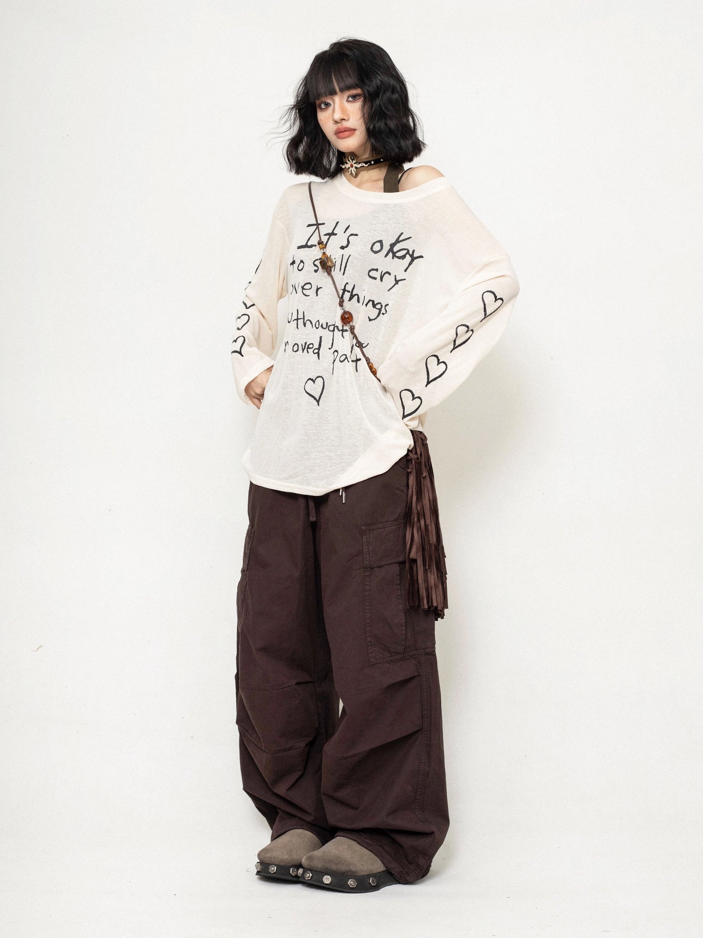ZEROSTORE Mesh blouse top love graffiti knit