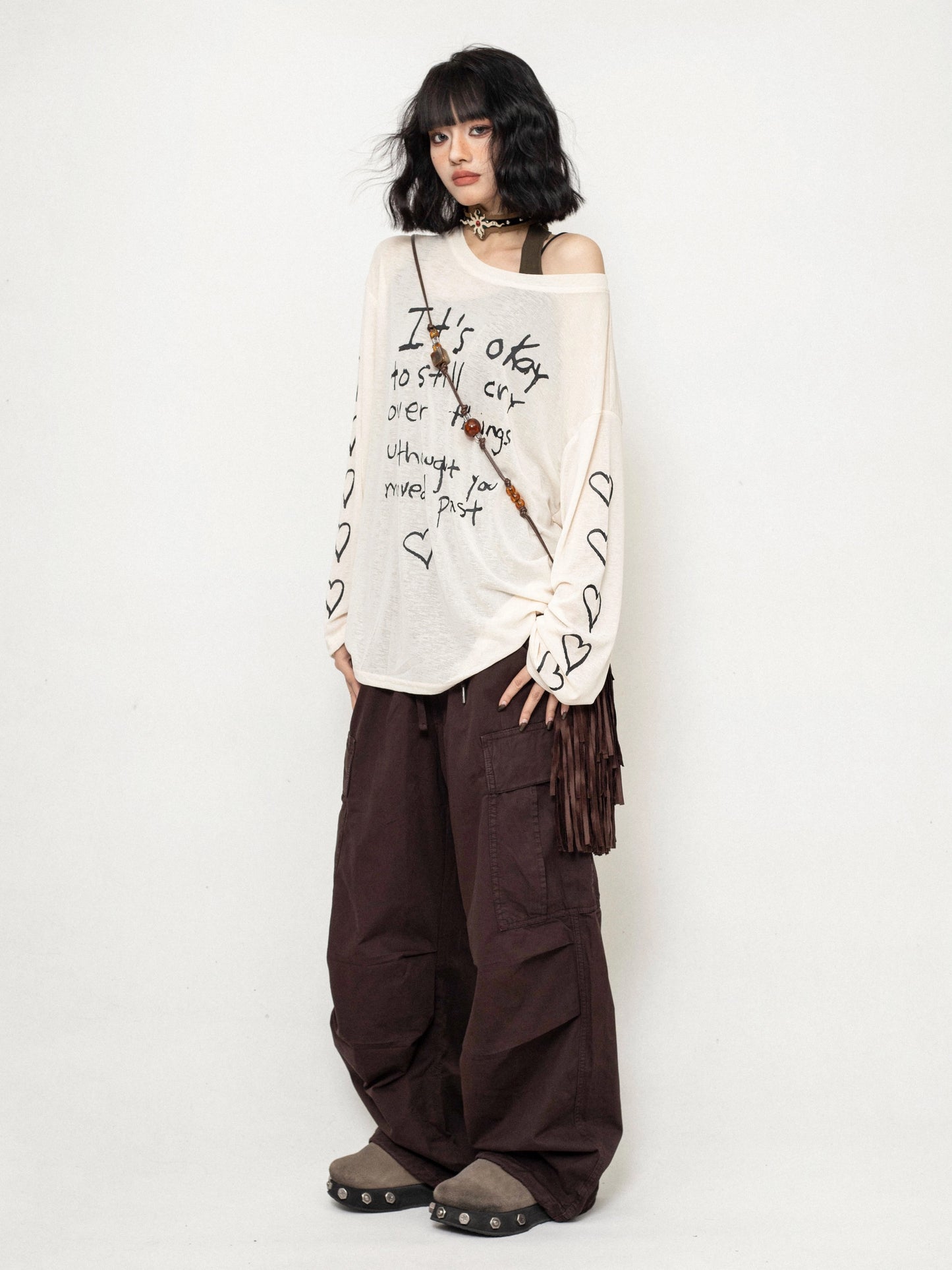 ZEROSTORE Mesh blouse top love graffiti knit