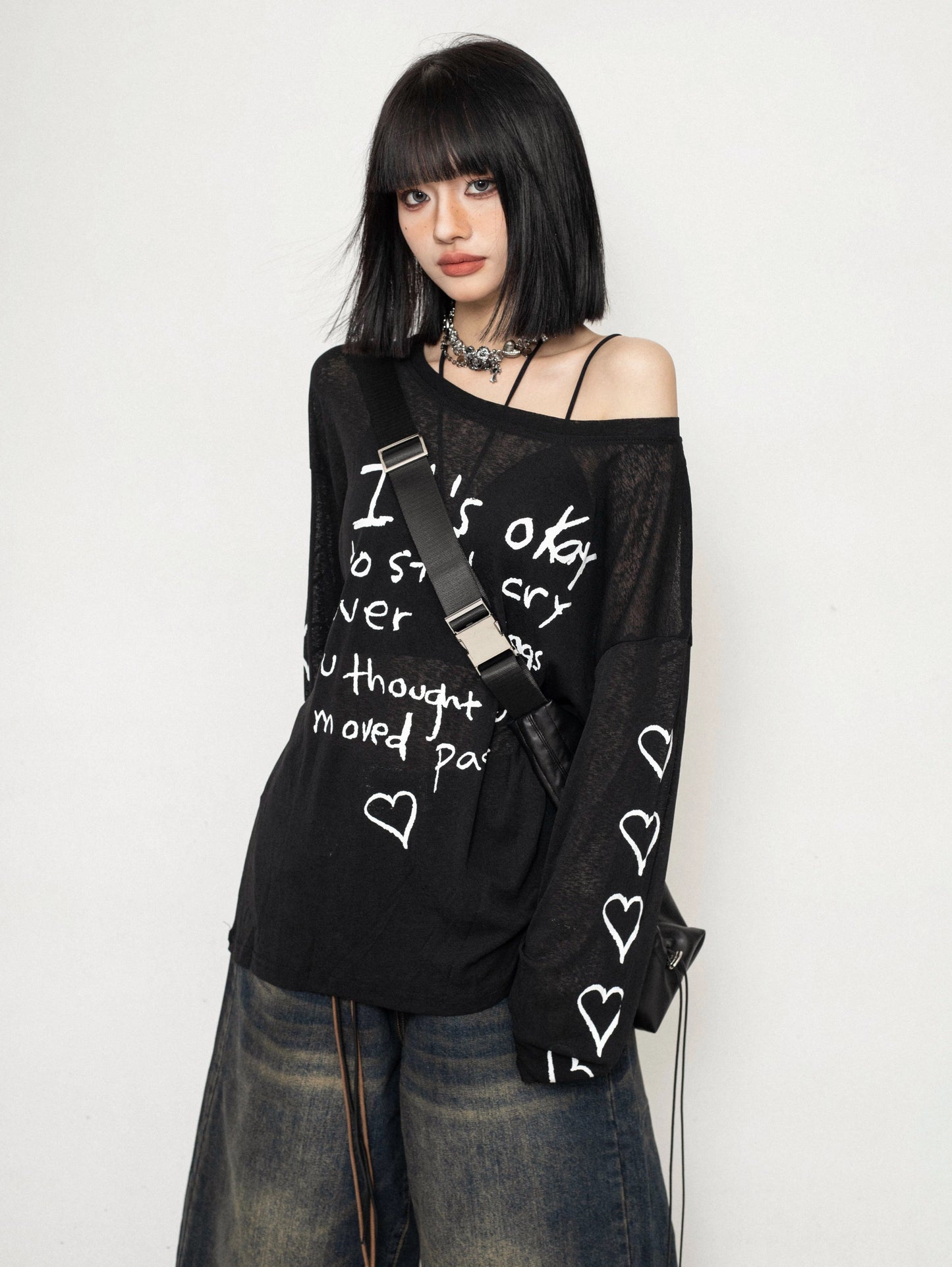 ZEROSTORE Mesh blouse top love graffiti knit