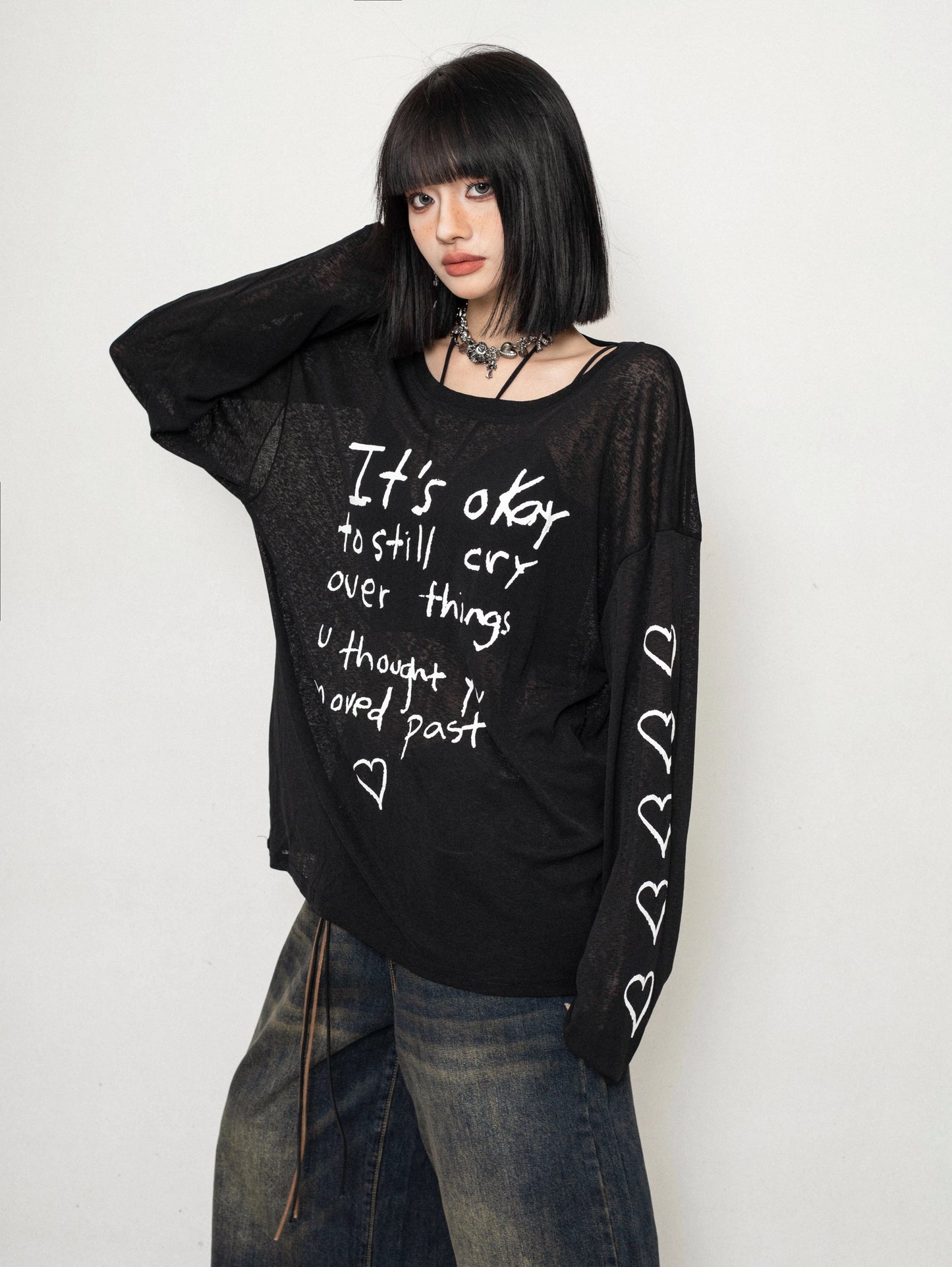 ZEROSTORE Mesh blouse top love graffiti knit