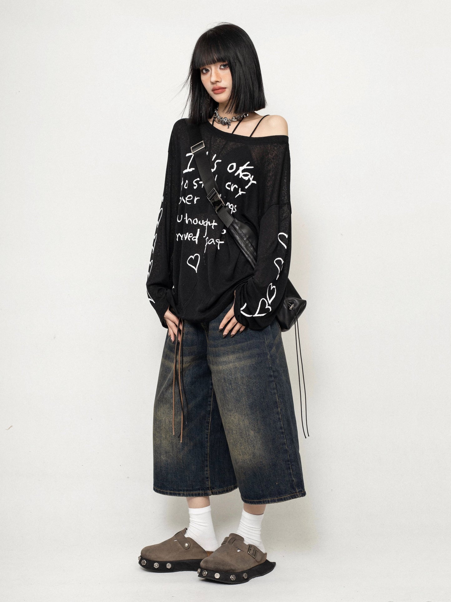 ZEROSTORE Mesh blouse top love graffiti knit