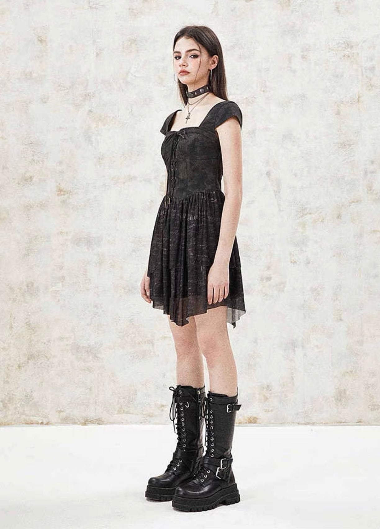 I'M ONE Retro tie-dye print mesh splicing dress