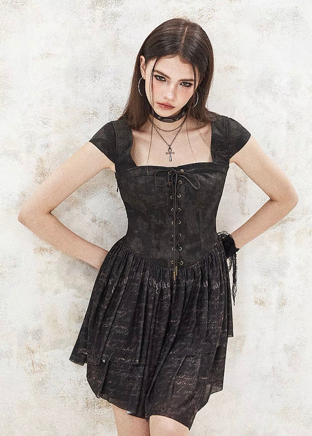 I'M ONE Retro tie-dye print mesh splicing dress
