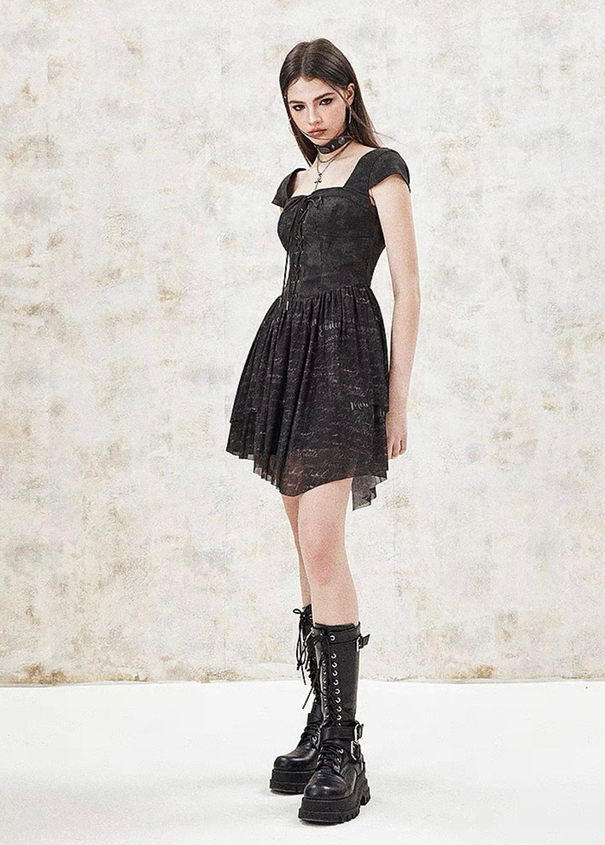 I'M ONE Retro tie-dye print mesh splicing dress