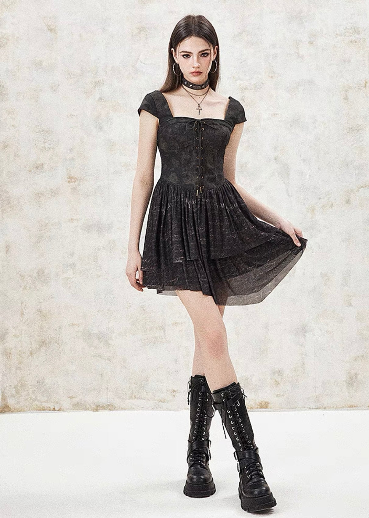 I'M ONE Retro tie-dye print mesh splicing dress