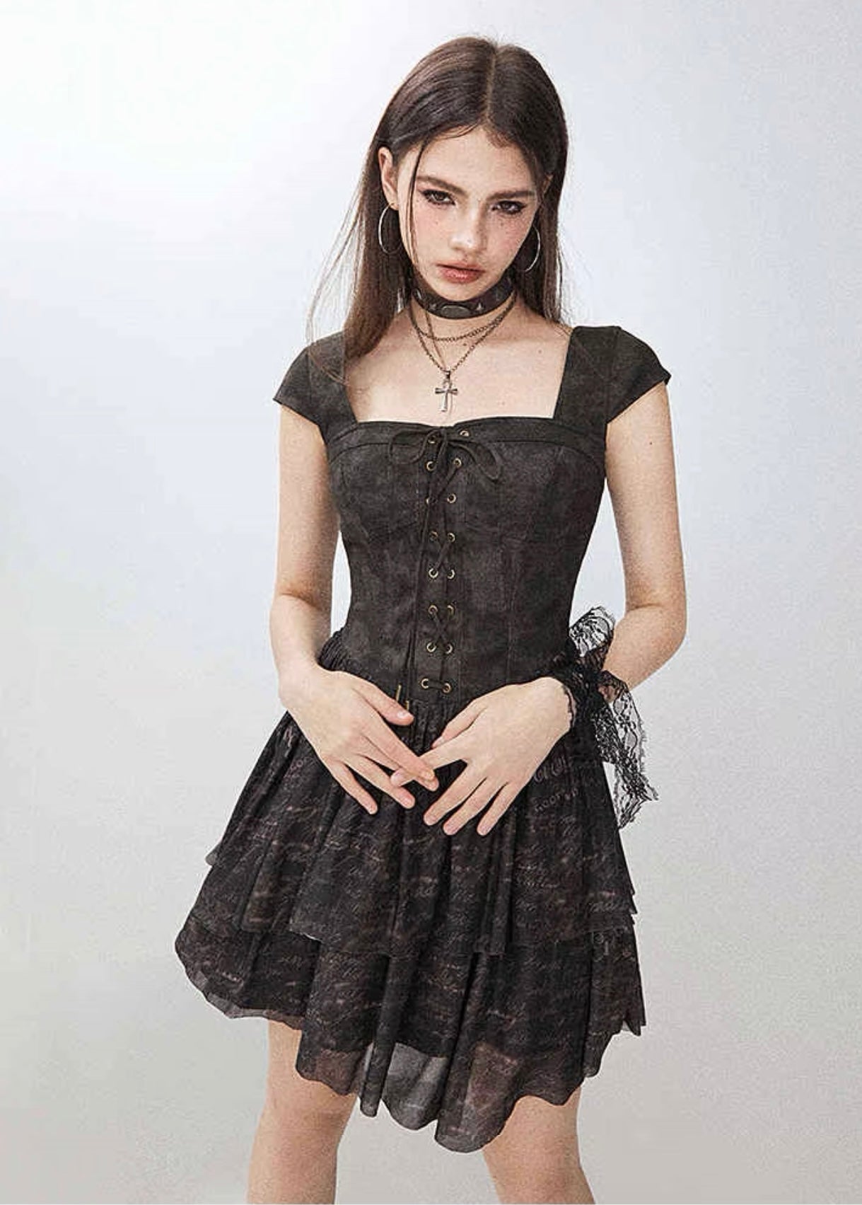 I'M ONE Retro tie-dye print mesh splicing dress
