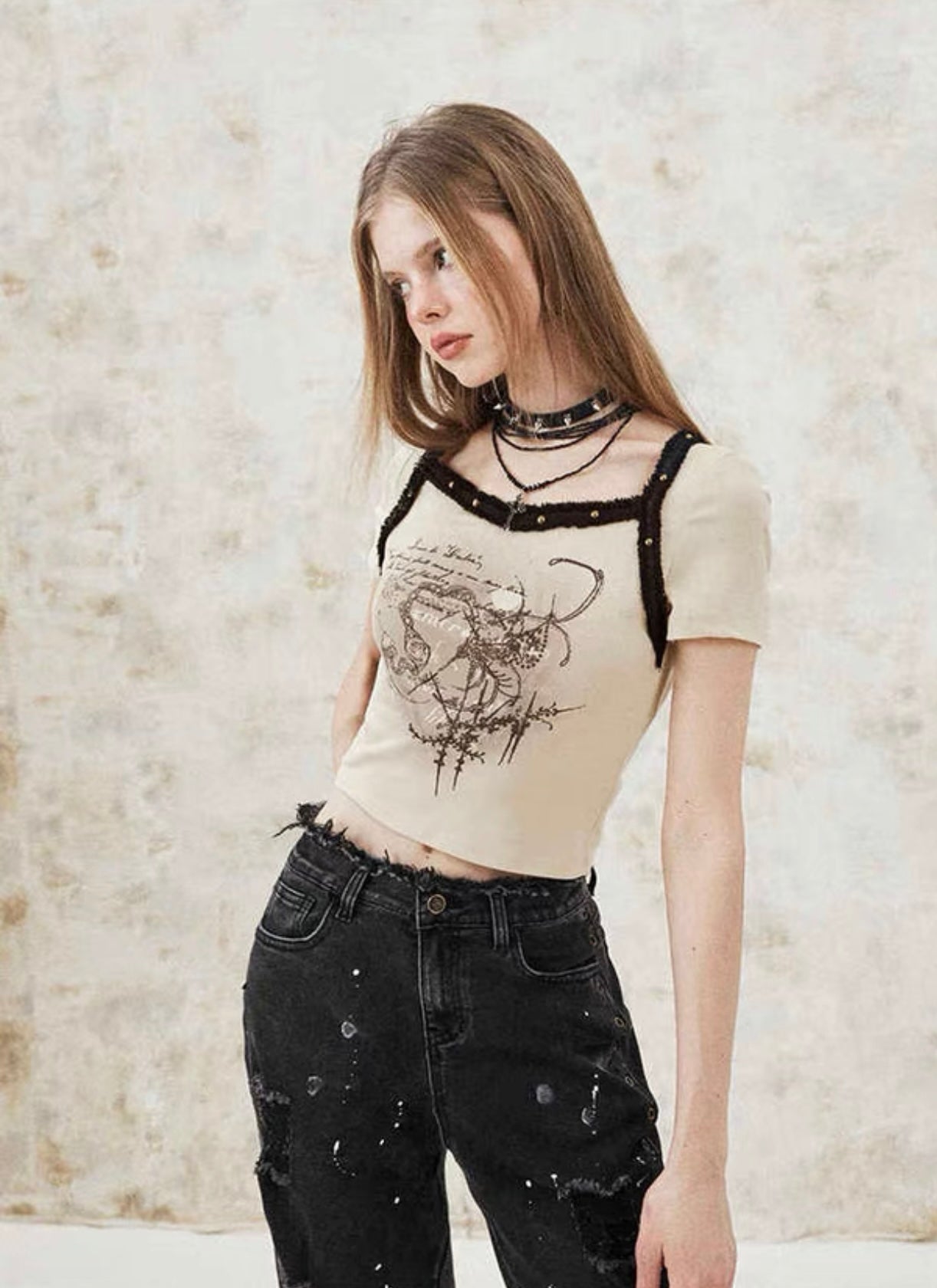 I'M ONE American retro raw edge print short T-shirt