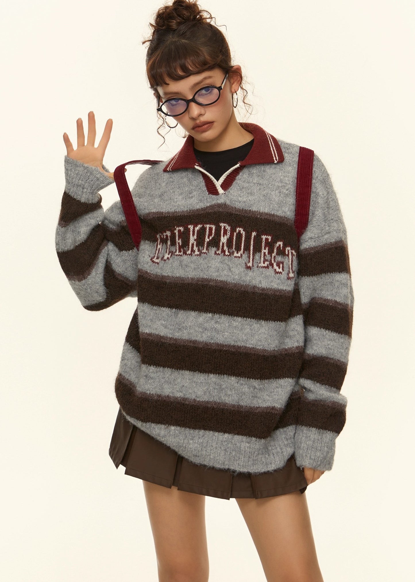 EZEK&STUDIO American Retro Lapel Striped Pullover Sweater