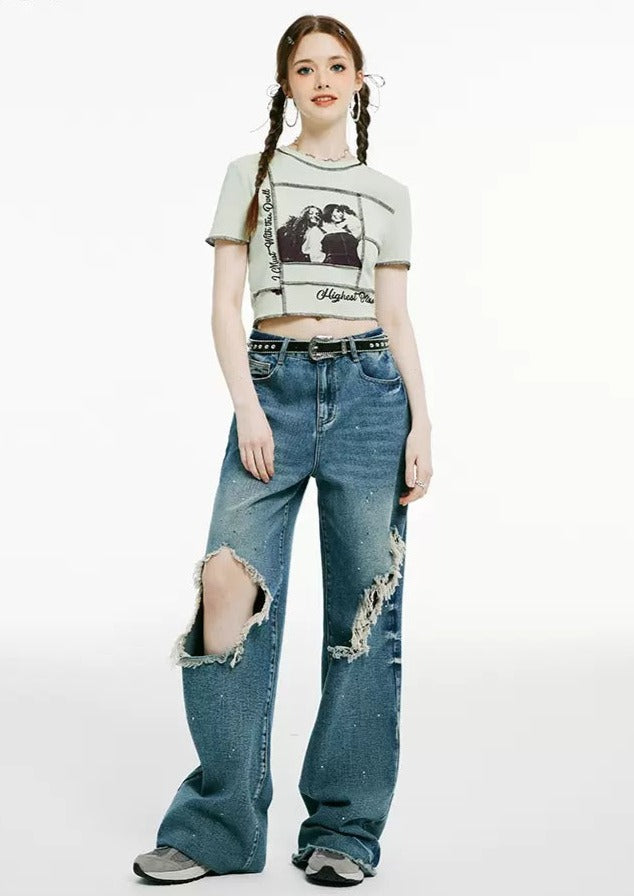 I'M ONE Military Retro Stitching Print T-shirt