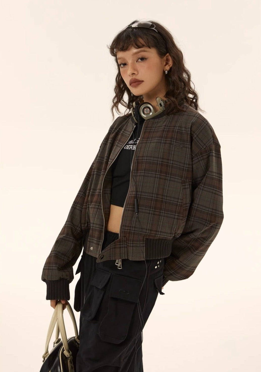 EZEK&STUDIO Vintage Plaid Short Baseball Jacket