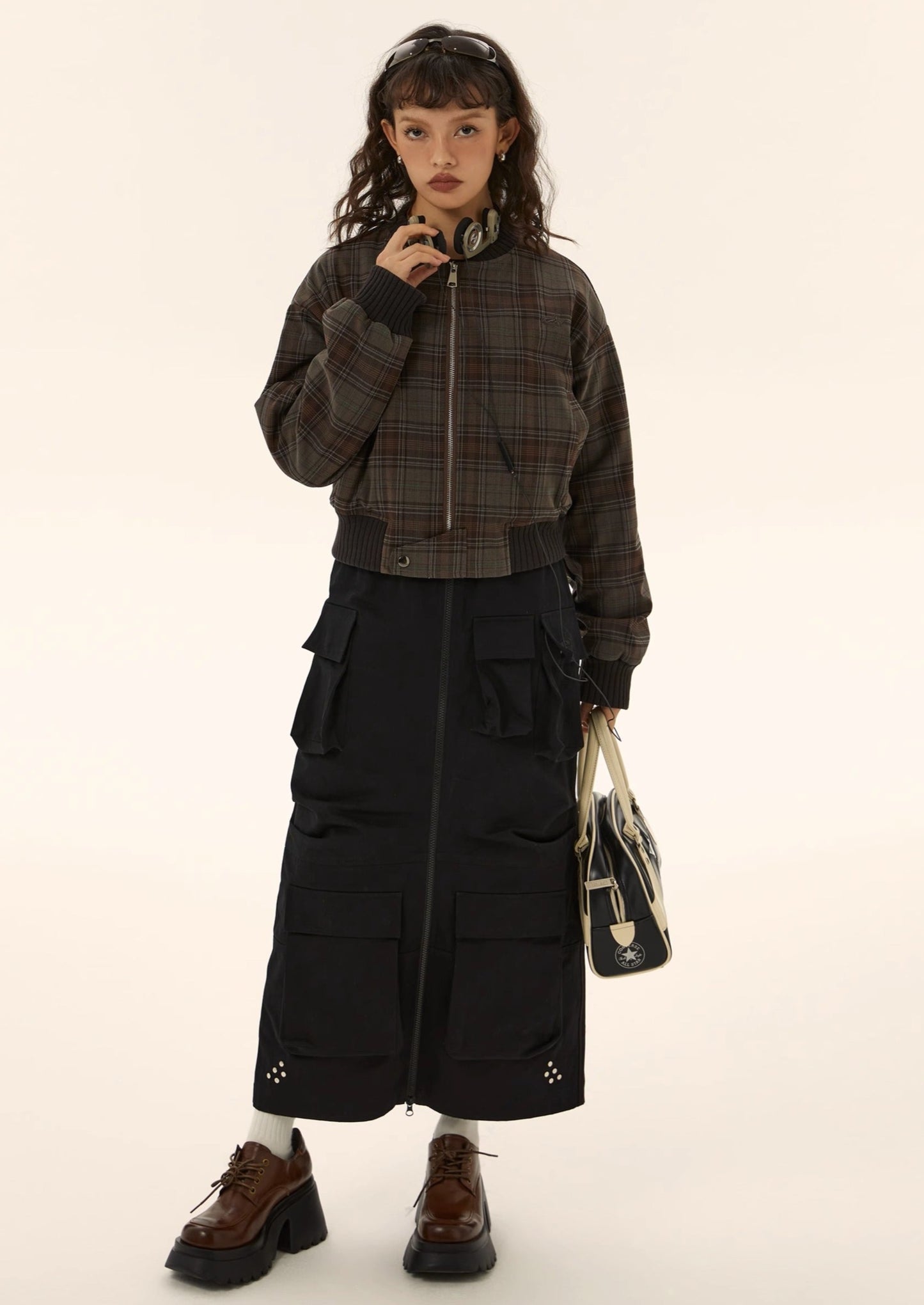 EZEK&STUDIO Vintage Plaid Short Baseball Jacket