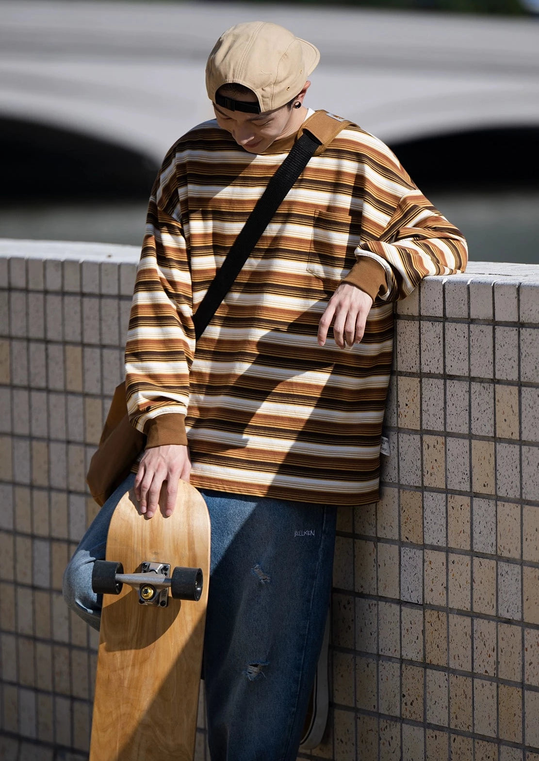 BELLKENIDE Seersucker Striped Long-Sleeved T-shirt